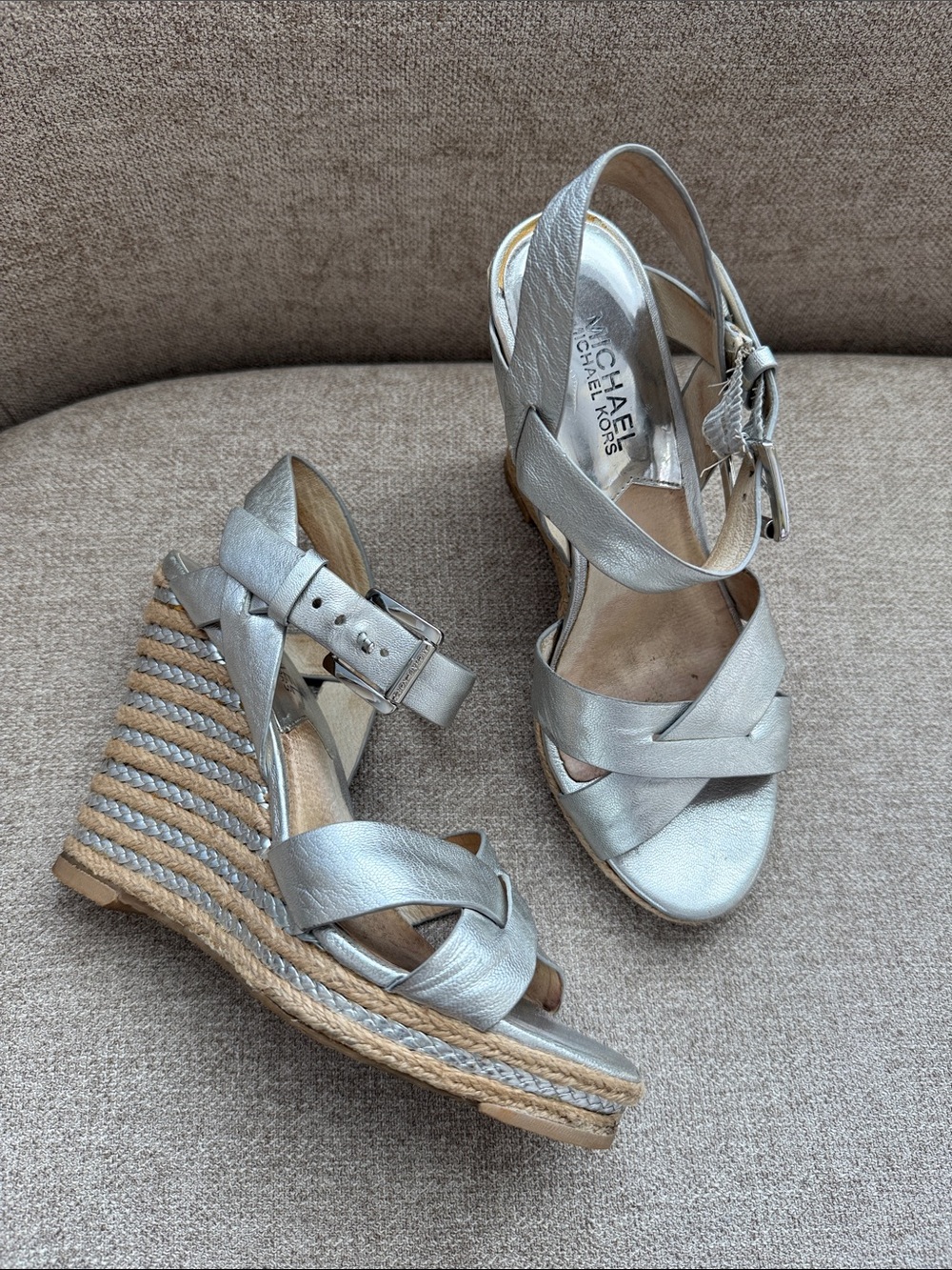 Michael Kors Metallic Silver Leather Espadrille Wedges